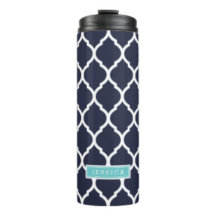 Marine en Turquoise Marokkaanse Quatrefoil Monogra Thermosbeker