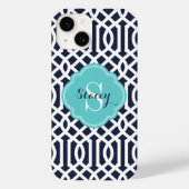 Marine en Turquoise Modern Trellis Monogram Case-Mate iPhone Case (Achterkant)