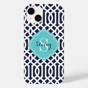 Marine en Turquoise Modern Trellis Monogram Case-Mate iPhone 14 Hoesje
