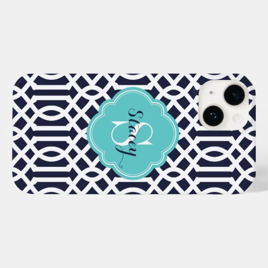 Marine en Turquoise Modern Trellis Monogram Case-Mate iPhone Case (Achterkant (horizontaal))