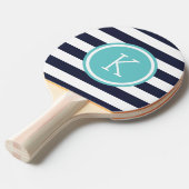 Marine en Turquoise Preppy Stripes Monogram Tafeltennisbatje (Voorkant Gekanteld)