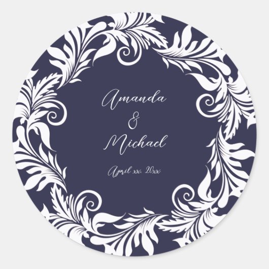 Marine en wit Elegant Bruiloft Ronde Sticker (Voorkant)