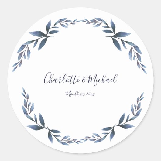 Marine en wit Floral Leaf bruiloft Ronde Sticker (Voorkant)
