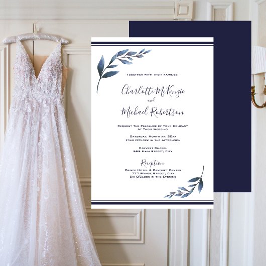 Marine en wit Floral Leaf bruiloft uitnodiging