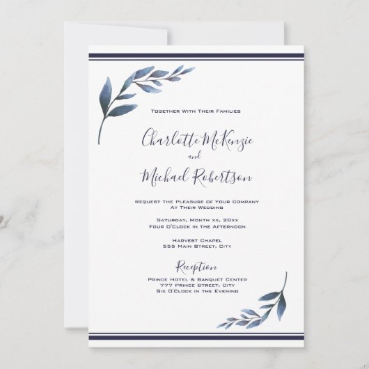 Marine en wit Floral Leaf bruiloft uitnodiging (Voorkant)