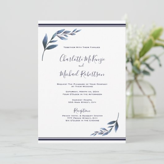 Marine en wit Floral Leaf bruiloft uitnodiging (Staand voorkant)