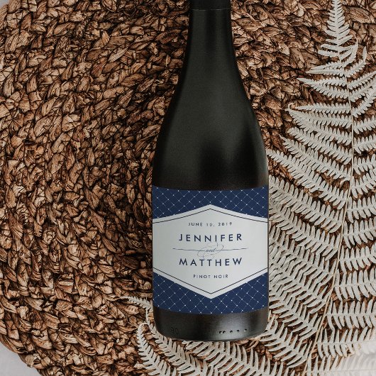 Marine en Wit Geometrische Bruiloft Wijn Labels Wijn Etiket