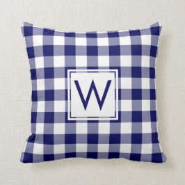 Marine en Wit Gingham Patroon, Aangepast Monogram Kussen