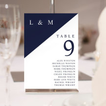Marine en wit monogram tafel nummer Zitenkaart