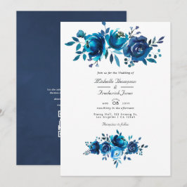 Marine en wit waterverf bloem QR Code bruiloft Kaart