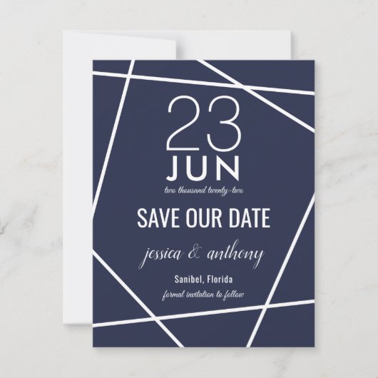 Marine en Witte Eenvoudige Geometrische Save the D Save The Date (Voorkant)