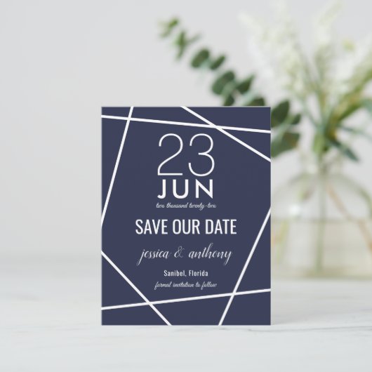 Marine en Witte Eenvoudige Geometrische Save the D Save The Date (Staand voorkant)