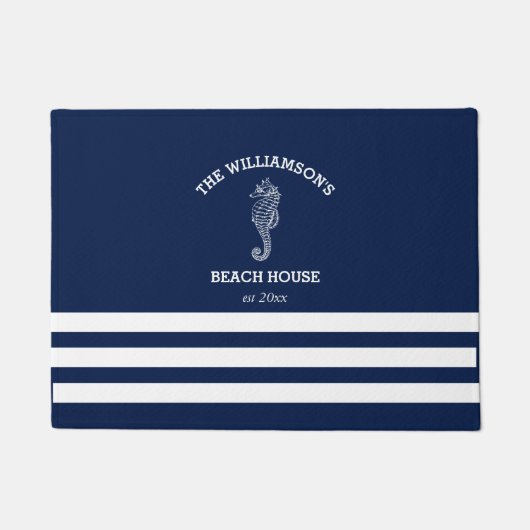 Marine en witte gestreepte strandhuis | Zeepaardje Deurmat (Voorkant)