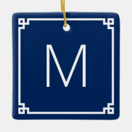 Marine en Witte Griekse Key Border Monogram Foto Keramisch Ornament