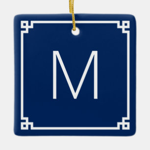 Marine en Witte Griekse Key Border Monogram Foto Keramisch Ornament