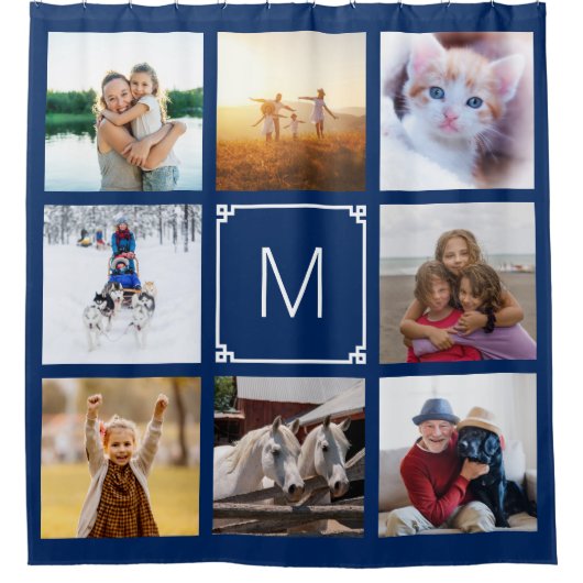 Marine en Witte Griekse Sleutel Monogram 8 Fotocol Douchegordijn (Voorkant)