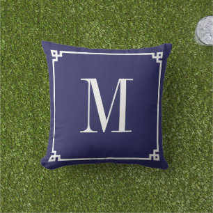 Marine en witte Griekse sleutelrand monogram Buitenkussen
