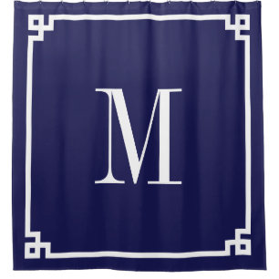 Marine en witte Griekse sleutelrandmonogram Douchegordijn