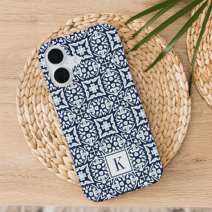 Marine en witte mediterraan patroon monogram iPhone 16 hoesje