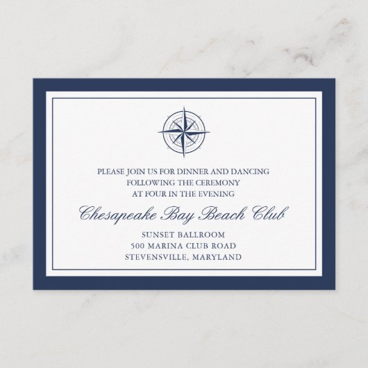 Marine en witte nautische kompas huwelijksreceptie informatiekaartje (Voorkant)