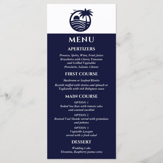 Marine en Witte Palm Tree Coastal Wedding Menu (Voorkant)
