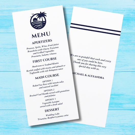 Marine en Witte Palm Tree Coastal Wedding Menu