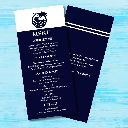 Marine en Witte Palm Tree Coastal Wedding Menu