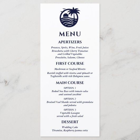 Marine en Witte Palm Tree Coastal Wedding Menu (Voorkant)