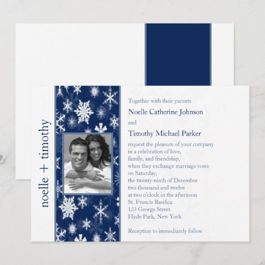 Marine en witte sneeuwvlokken foto bruiloft uitnod kaart (Voorkant / Achterkant)