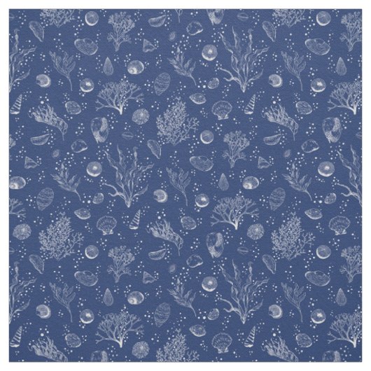 Marine en witte stof met schelpen en zeewier (Swatch)