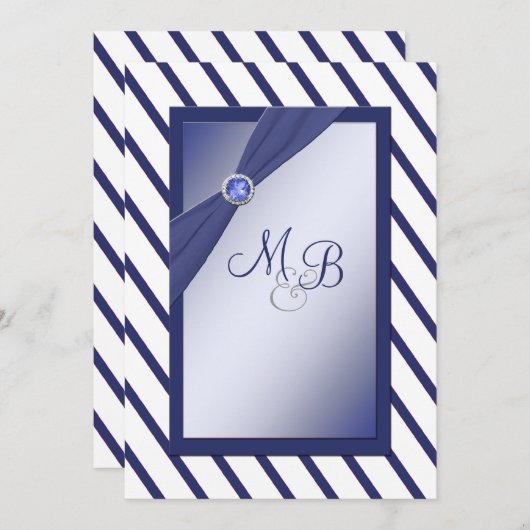 Marine en Witte Streep Monogrammed Uitnodiging (Voorkant / Achterkant)