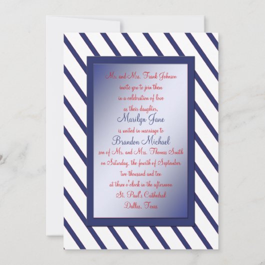 Marine en Witte Streep Monogrammed Uitnodiging (Achterkant)