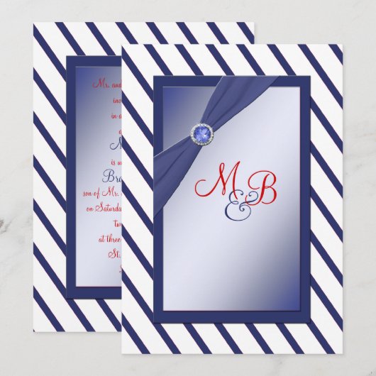 Marine en Witte Streep Monogrammed Uitnodiging (Voorkant / Achterkant)