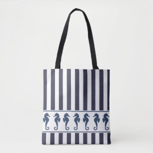 Marine en Witte Strepen Zeepaardje Nautisch Tote Bag