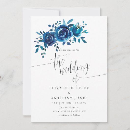 Marine en Witte Waterverf Bloemen Bruiloft Uitnodi Kaart (Voorkant)