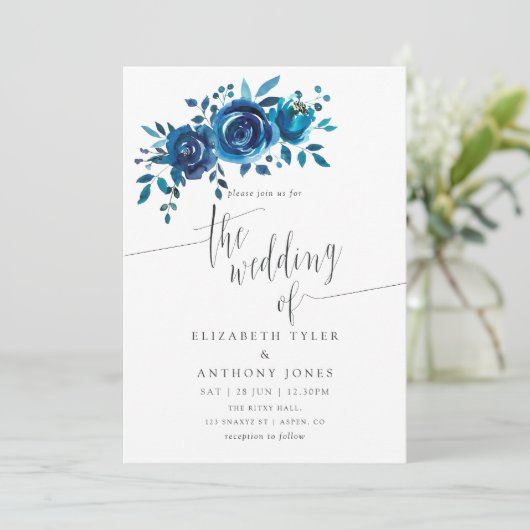 Marine en Witte Waterverf Bloemen Bruiloft Uitnodi Kaart (Staand voorkant)