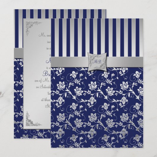 Marine en Zilver Bloemenwijnstok Monogrammed Uitno Kaart (Voorkant / Achterkant)