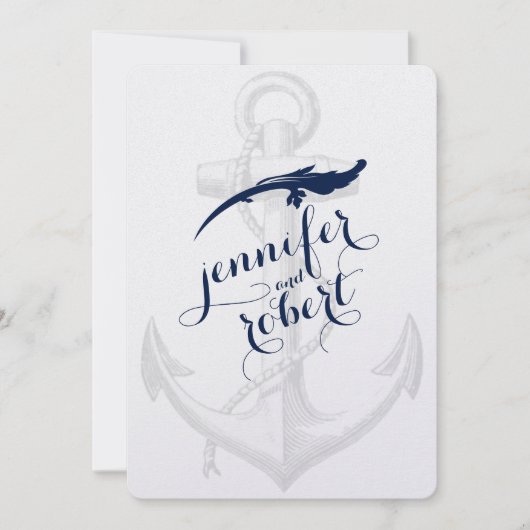 Marine en Zilveren Anker Strandbruiloft Kaart (Voorkant)