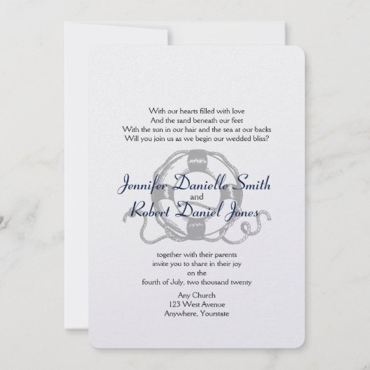Marine en Zilveren Anker Strandbruiloft Kaart (Achterkant)