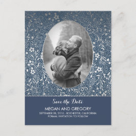 Marine en Zilveren Bloemen Chic Foto Save the Date Aankondigingskaart