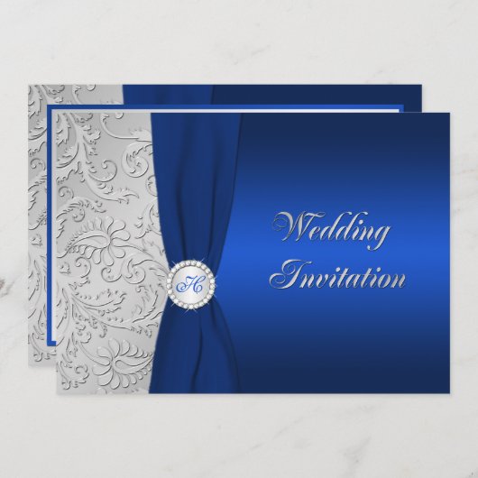 Marine en Zilveren Damast Monogram Bruiloft Uitnod Kaart (Voorkant / Achterkant)