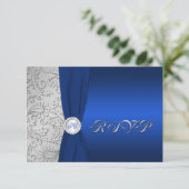 Marine en Zilveren Damast Monogrammed RSVP-Kaart RSVP Kaartje (Staand voorkant)