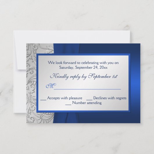 Marine en Zilveren Damast Monogrammed RSVP-Kaart RSVP Kaartje (Achterkant)