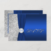 Marine en Zilveren Damast Monogrammed RSVP-Kaart RSVP Kaartje (Voorkant / Achterkant)