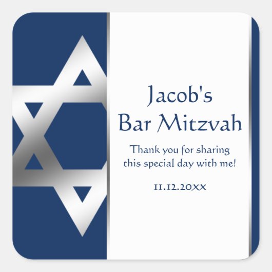 Marine en Zilveren Ster van David Bar Mitzvah Favo Vierkante Sticker (Voorkant)