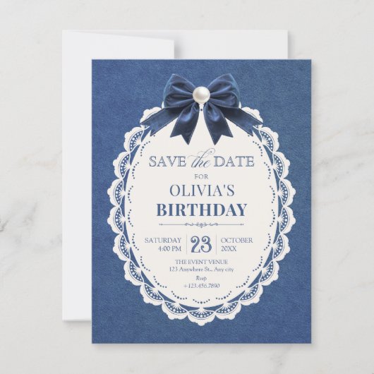 Marine fluweel lint vintage elegant save the date (Voorkant)