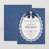Marine fluweel lint vintage elegant save the date (Voorkant / Achterkant)