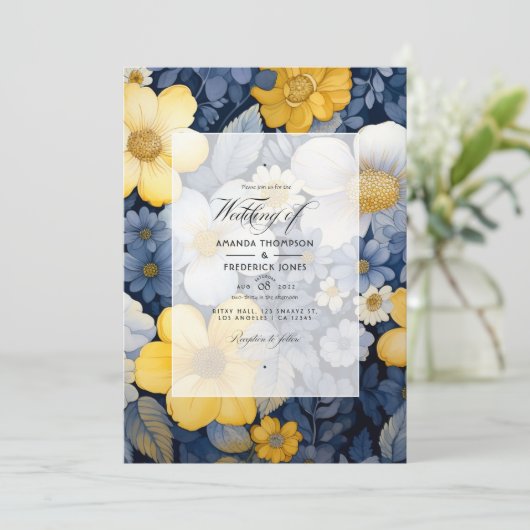 Marine, geel en wit bloemenbruiloft kaart (Staand voorkant)