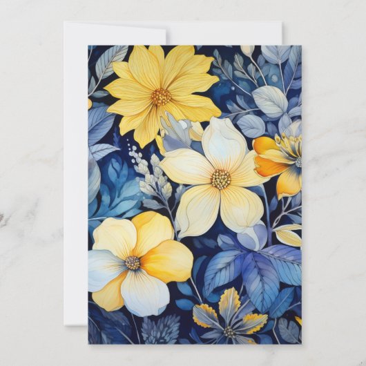 Marine, geel en wit bloemenbruiloft kaart (Achterkant)