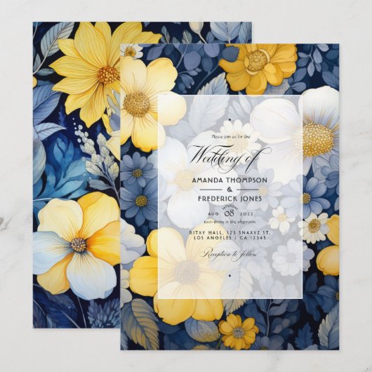 Marine, geel en wit bloemenbruiloft kaart (Voorkant / Achterkant)